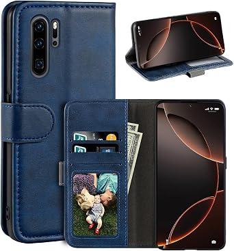 Leather Flip Cover Compatible with Huawei P30 Pro Wallet Case with Card Slots, Magnetic Closure, Stand Function, RFID Shockproof Folio Blue