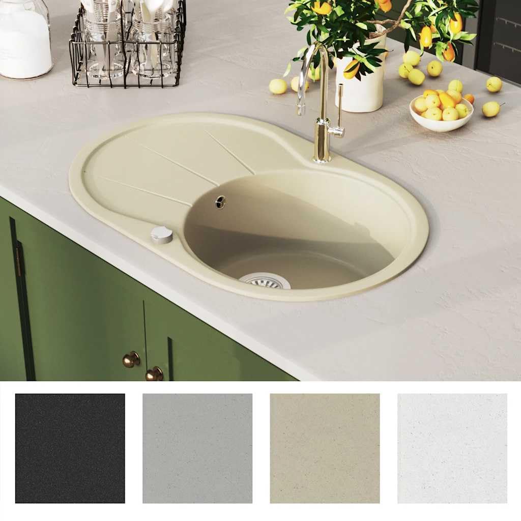 Fregadero de granito ovalado, color beige, extraprofundo, de resina de cuarzo, 770 x 490 mm, con cesta colador y desagüe para cocina