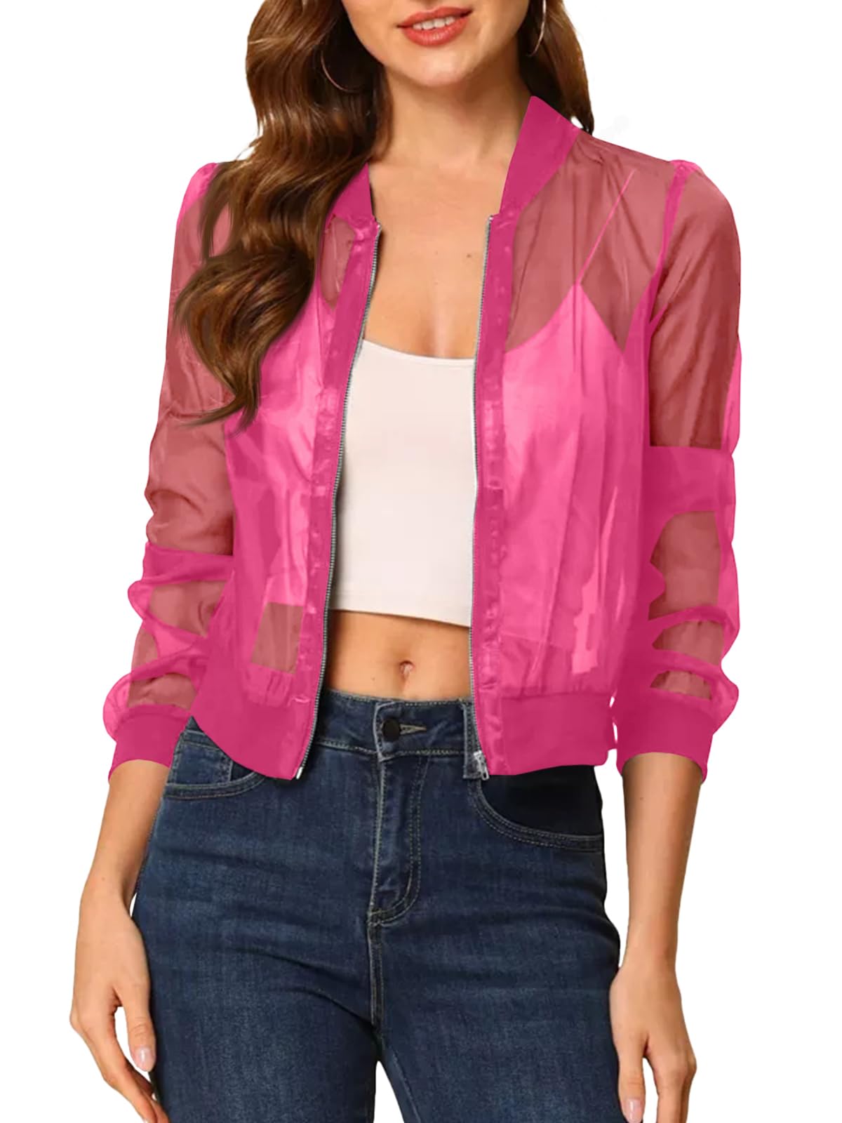 Fisoew Women's Crop Mesh Sheer Bomber Jackets Lightweight Long Sleeve Zip Up Jacket Outwear