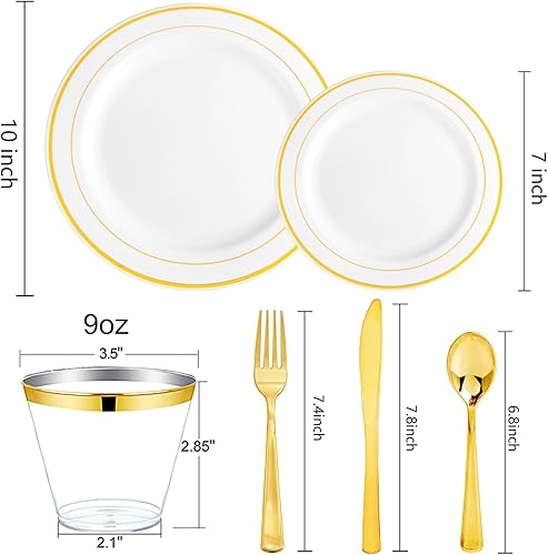 Miniatura 2 de bUCLA Juego de vajilla de plástico dorado desechable de 150 piezas, platos dorados resistentes que incluyen 25 platos de cena y 25 platos de postre,