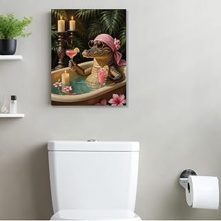 Funny Alligator Bathroom Canvas Wall Art, Alligator Aesthetic Framed Art Paintings Wall Decor Nature Scene and Animal Lover Prints Picture for Living Room Dining Room Bathroom Farmhouse Decor