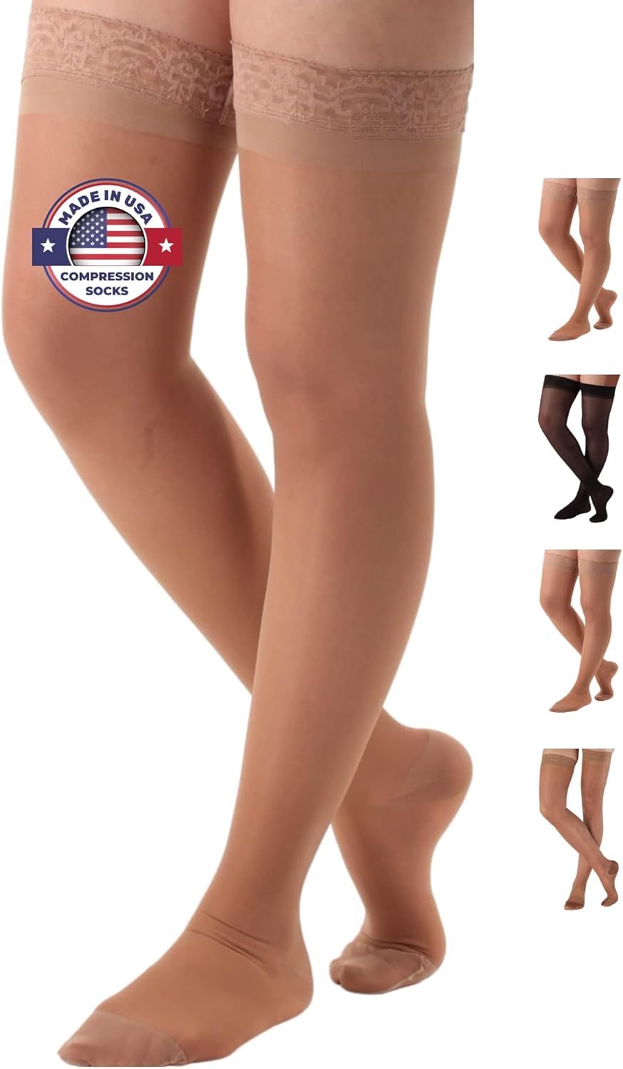 ABSOLUTE SUPPORT Made in USA - Sheer Compression Thigh High for Women 15-20mmHg - Womens Graduated Compression Stockings for Pain Relief, Pregnancy, Varicose Veins - Beige, X-Large - A102BE4