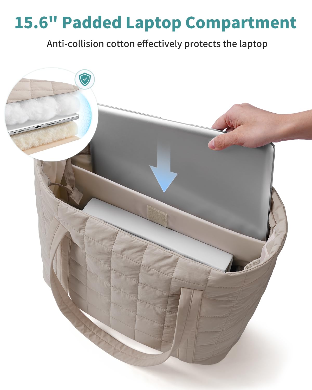 Narwey Tote Bags for Women, Puffer Quilted Work Tote Bag Women for Travel, Gym, Beach with Cup Holder & Laptop Compartment — view 6
