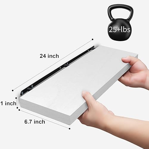 Miniatura 3 de SAUMONIERES Estantes flotantes de pared de 24 pulgadas para dormitorio, baño, montaje en pared, estantes de madera maciza, juego de 2, color blanco