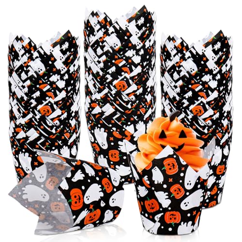 Whaline 200Pcs Halloween Tulip Cupcake Liners Cute Ghost Pumpkin Dots Muffin Baking Cups Black Cupcake Wrappers for Party Supplies Table Decor