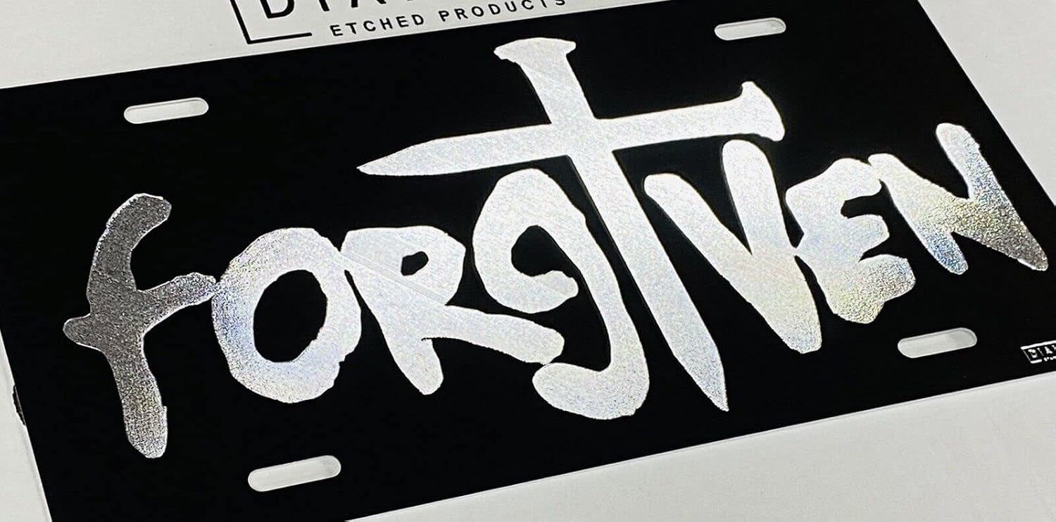 Christian Forgiven 2 Logo Car Tag Diamond Etched on Black Aluminum License Plate