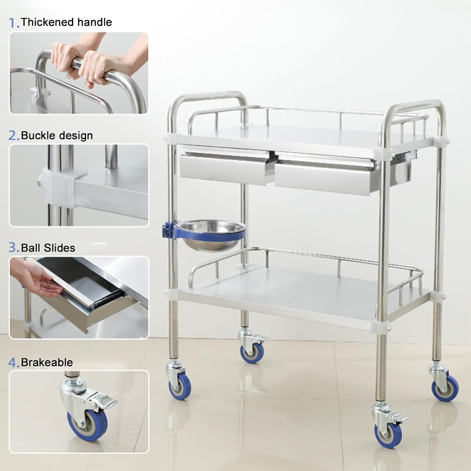 Lab Utility Cart, Stainless Steel Medical Cart with Two Drawers, Sturdy Stainless Steel Frame Lab Trolley, 360° Silent Rolling Wheels W/Foot Brake for Lab Clinic Salon, Triple Layer-66*44*86cm