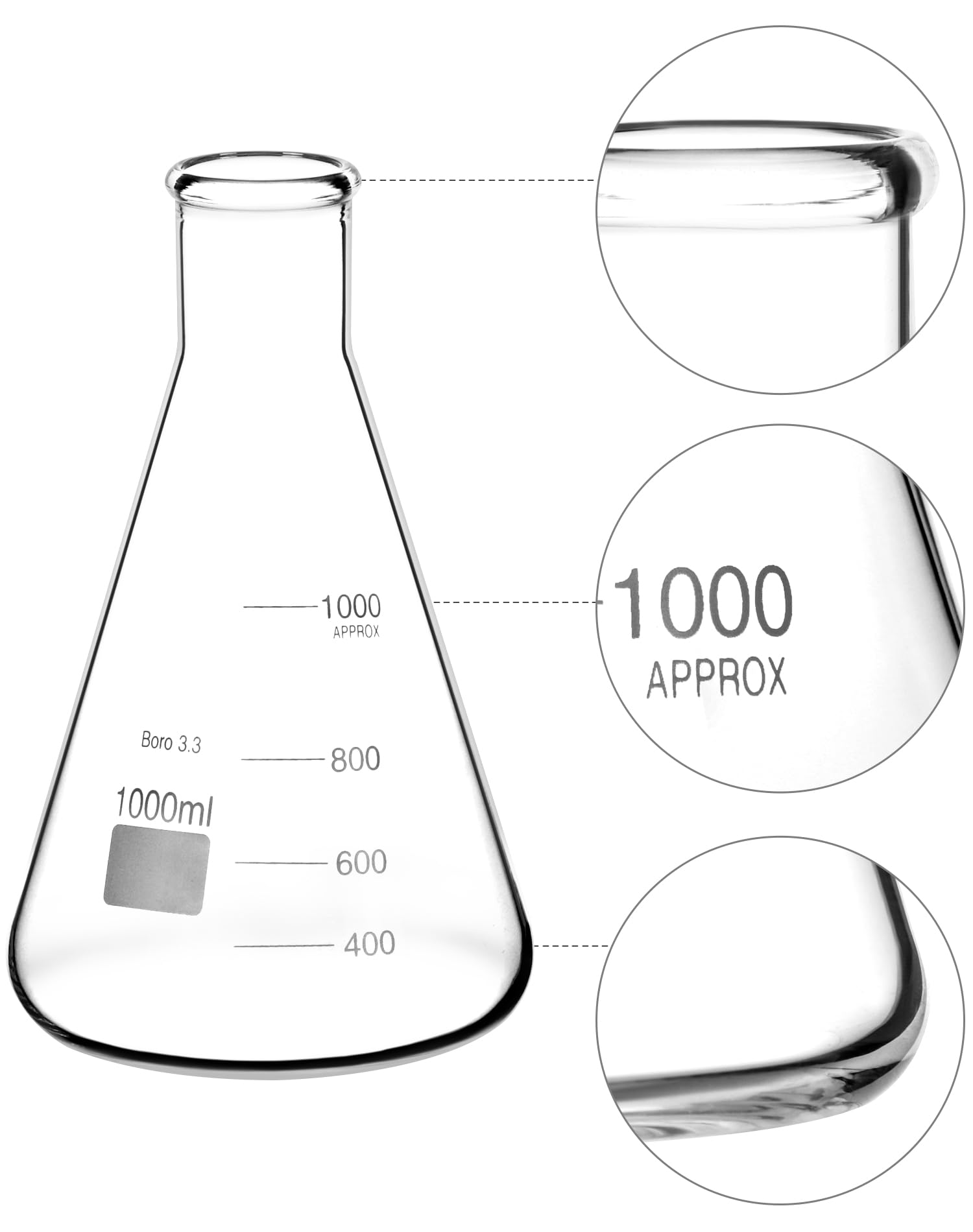 QWORK Erlenmeyer - Set di 2 fiaschette coniche in vetro borosilicato da 1000 ml, con bocca stretta, scala stampata, per laboratorio, aula, cucina, artigianato, casa