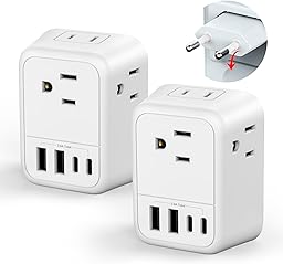 2 Pack European Travel Plug Adapter, FLASHSONIC US to Europe Adapter with 4 AC Outlets 4 USB Charging Ports (2 USB C), Foldable International Power Plug Adapter Travel Essentials to Italy Spain France