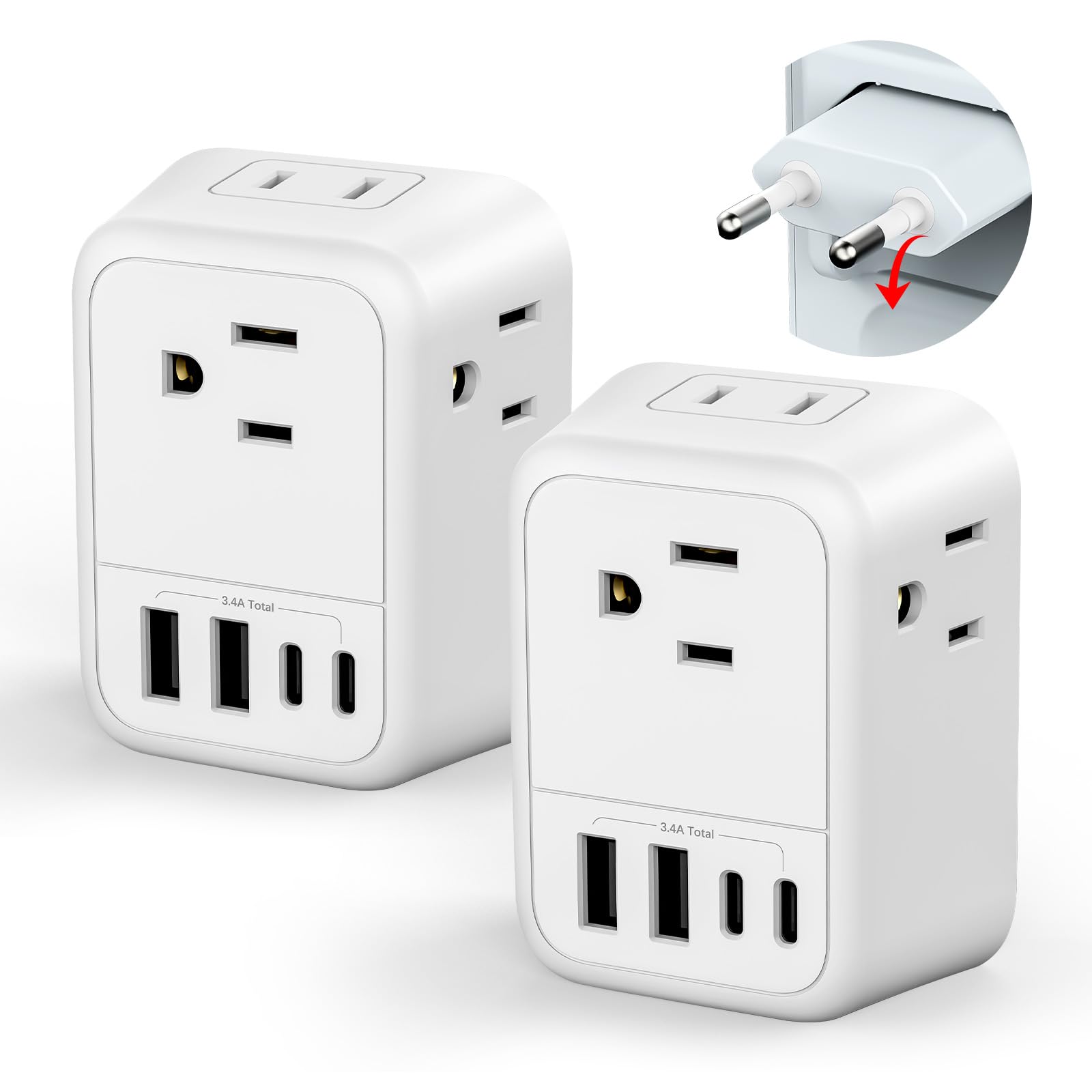 2 Pack European Travel Plug Adapter, FLASHSONIC US to Europe Adapter with 4 AC Outlets 4 USB Charging Ports (2 USB C), Foldable International Power Plug Adapter Travel Essentials to Italy Spain France - 2