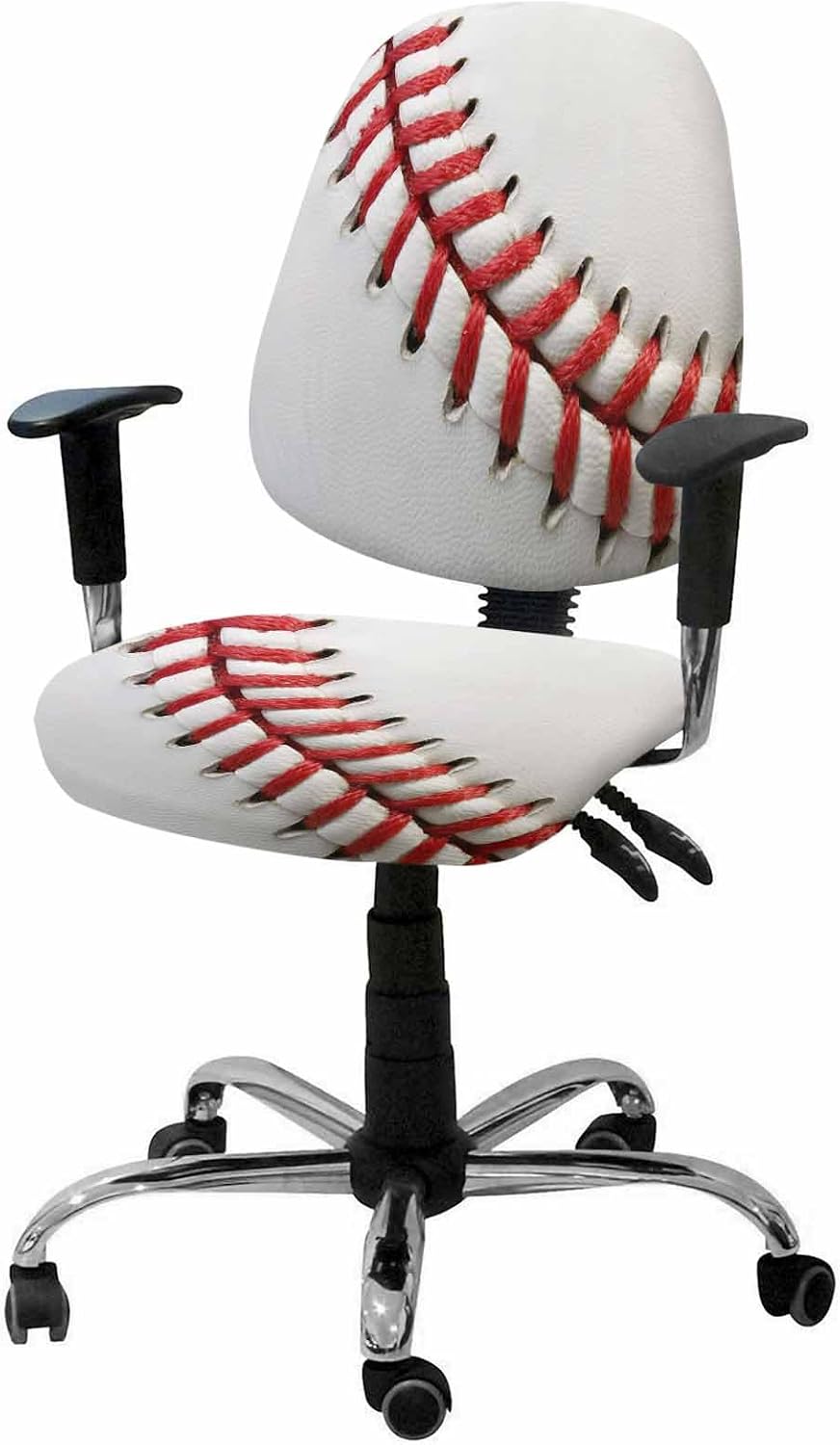 YOKOU Office Chair Covers Stretchable, USA Baseball Red Needle Stripe Elastic Removable Rotating Desk Chair Slipcovers Computer Chair Seat & Back Cover Set Sports White Back