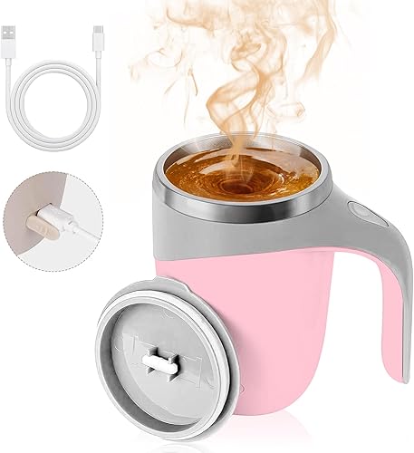 Taza de café con agitación magnética automática, taza de mezcla automática con tapa para leche, cacao y otras bebidas, acero inoxidable (rosa)