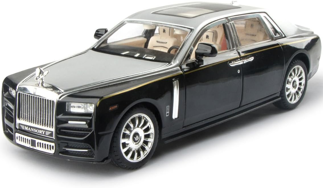 Toy Car Rolls-Royce 1/24 Phantom Model Alloy Collectibles Diecast Vehicles with Sound and Light (Silver/Black)