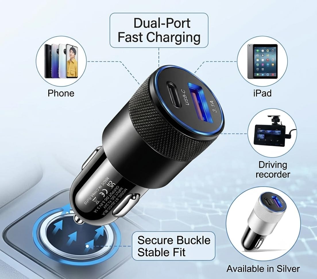 Dual-Port USB Fast Car Charger, USB-C PD and 3.1A USB-A, 15W Total Output, Metal Knurled Grip, Universal 12-24V, Model CC-PD1 (Black) image 4