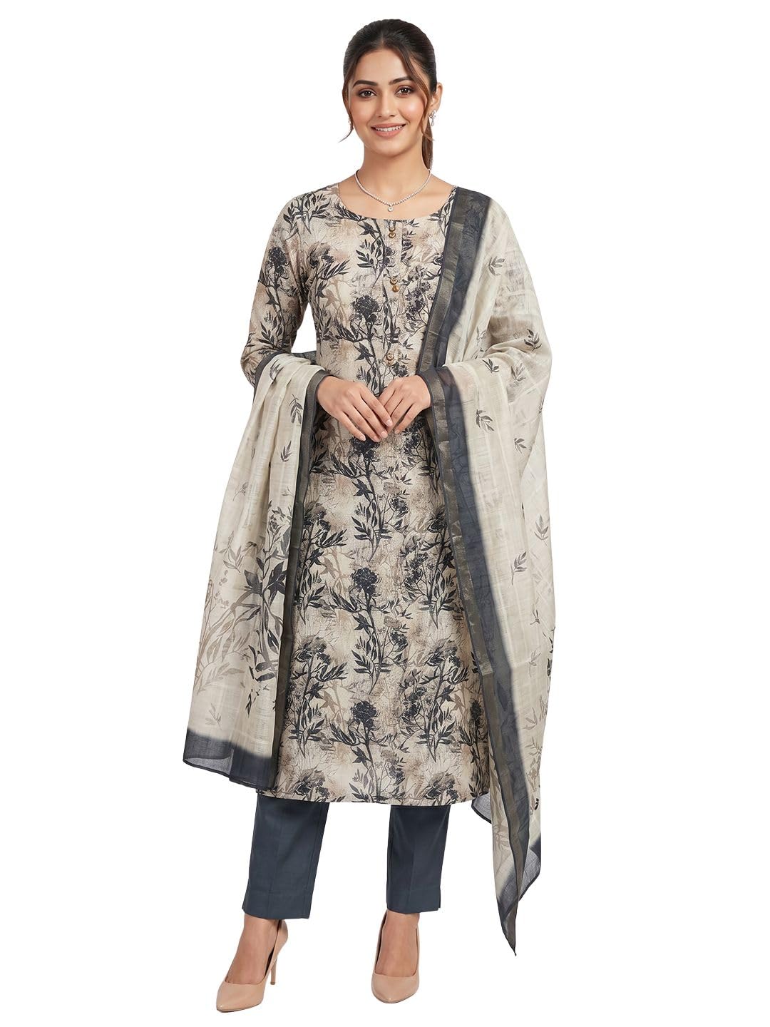 White Floral Printed Linen Dress Material | Unstitched Suit Set with Santoon Bottom & Linen Dupatta for Women-image-1