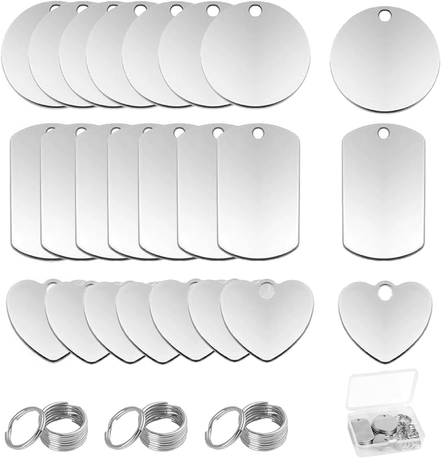 Pack of 24 Stainless Steel Pendants, Blank Dog Tag Blanks with Key Ring, Rectangular, Heart-Shaped Pendant, Blank Stamping Tag Key Ring for Necklaces, DIY Making Kit
