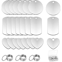 24Pcs Stamping Blanks Stainless Steel Pendant Blanks for Laser Engraving and Stamping Round Rectangular Heart-Shaped Blank Dog Tags Blanks with Key Ring Stamping Tag for DIY Decorative Craft