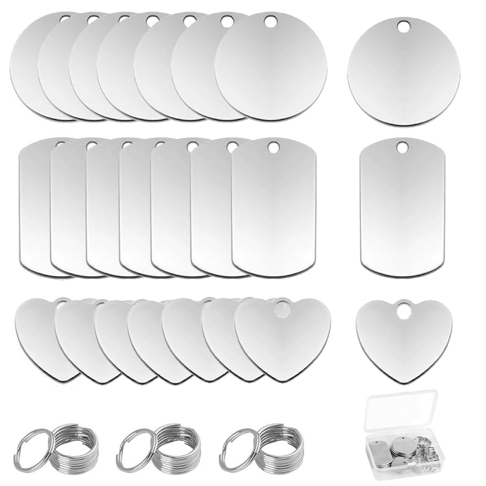 Lufdegim 24Pcs Stamping Blanks Stainless Steel Pendant Blanks for Laser Engraving and Stamping Round Rectangular Heart-Shaped Blank Dog Tags Blanks with Key Ring Stamping Tag for DIY Decorative Craft