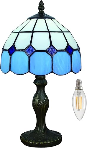 Lámpara de mesa estilo Tiffany de 8 pulgadas, serie mediterránea, pantalla de vitral, pequeña lámpara de noche de lectura, luz de escritorio