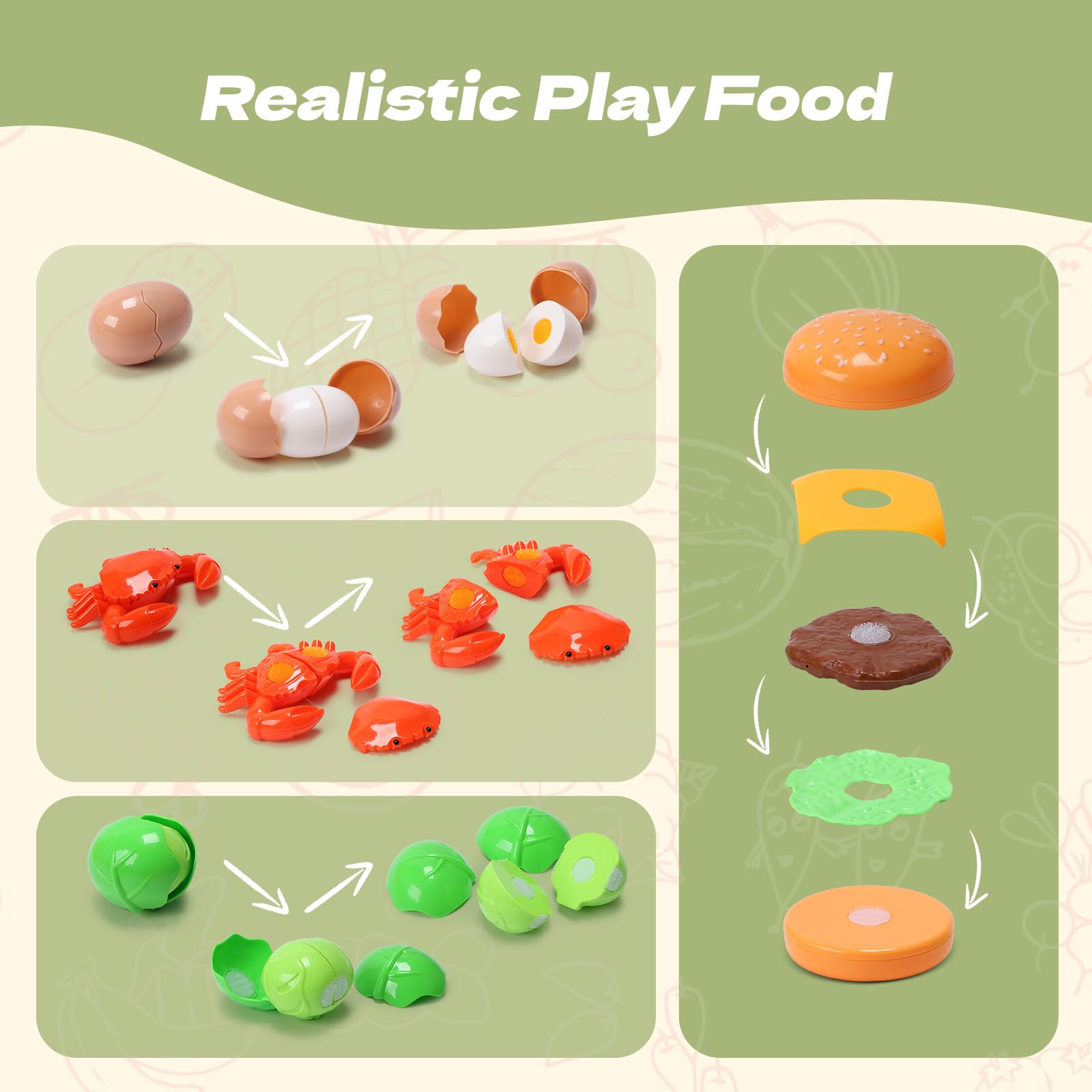 CUTE STONE Mini Accessoire Cuisine Enfant 51pcs, Jeu de Cuisine Imaginaire avec casseroles, poêles, ustensiles, Fruits et légumes à découper, Cadeau éducatif pour Tout-Petits, Filles et garçons.