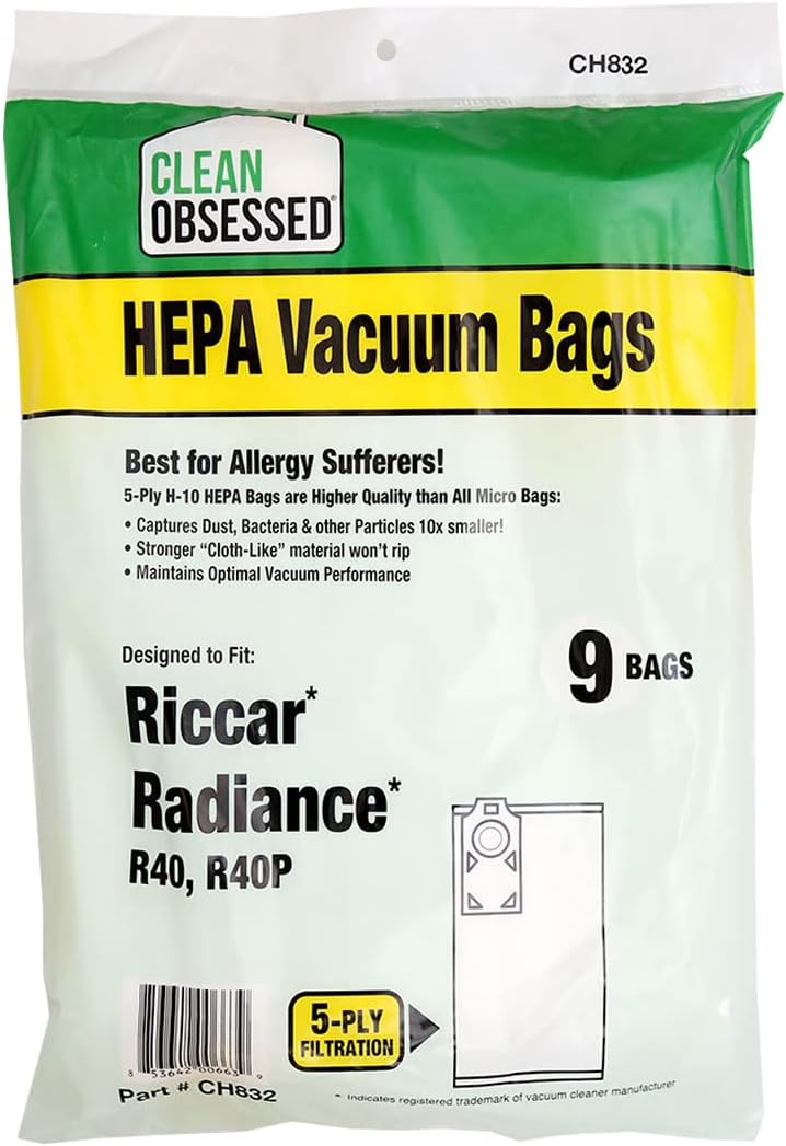 Clean Obsessed H-10 HEPA Bags Fits Riccar Radiance Type R40, R40P series (9 Bag Pack)