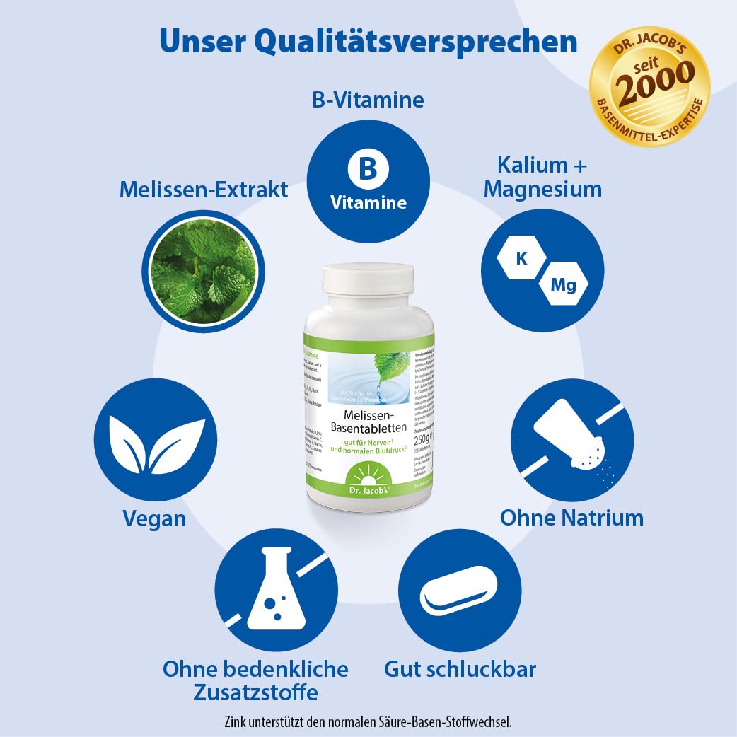 Dr. Jacob’s Melissen-Basentabletten I gut für Nerven & normalen Blutdruck* | Mit Melissenextrakt, Magnesium, Kalium, Zink, Citraten und 10 Vitaminen I für den Säure-Basen-Haushalt I 250 g(250 Tabletten)