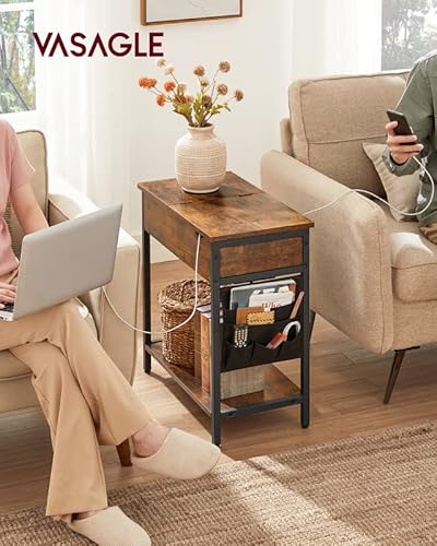 Vasagle Side Table With Storage, End Table With Usb Ports And Outlets, Nightstand With Charging Station, Fabric Bags, For Living Room, Bedroom, Rustic Brown And Black Ulet310B01V1 #TOP1