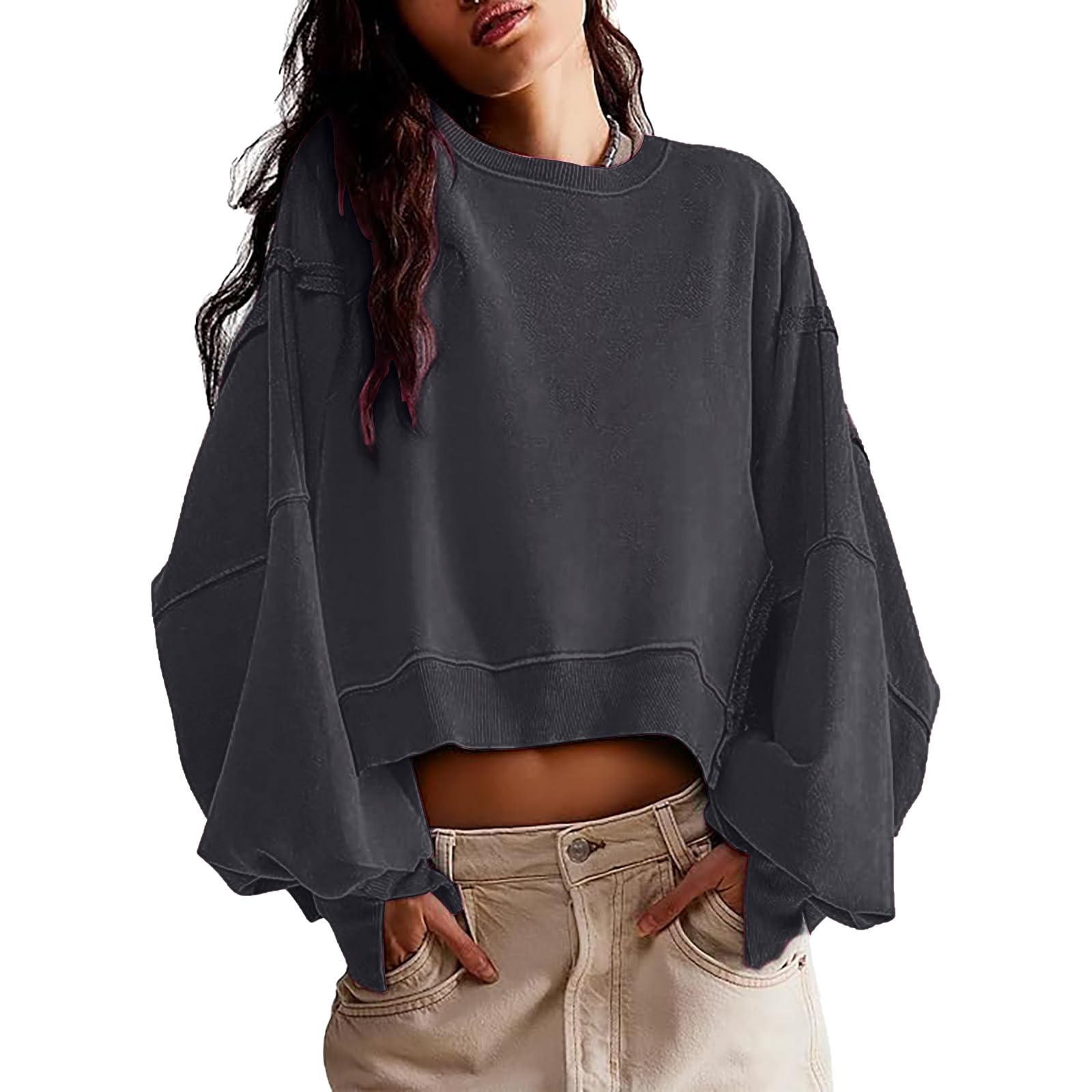 EGUGYDW Womens Crewneck Sweatshirts Cropped Long Sleeve Side Slit Loose Fit Teen Girls 2025 Fall Crop Pullover Tops
