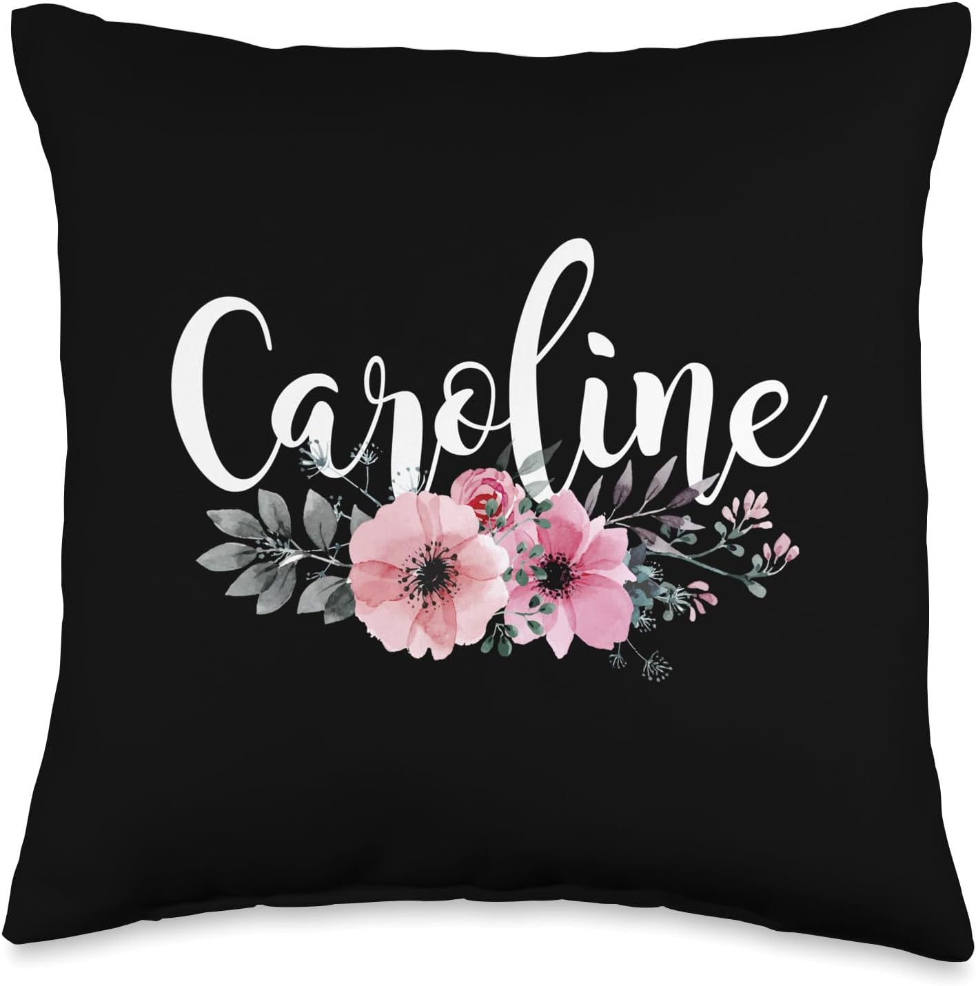 Caroline-Name Personalized Pink Floral Black Women Girls Throw Pillow