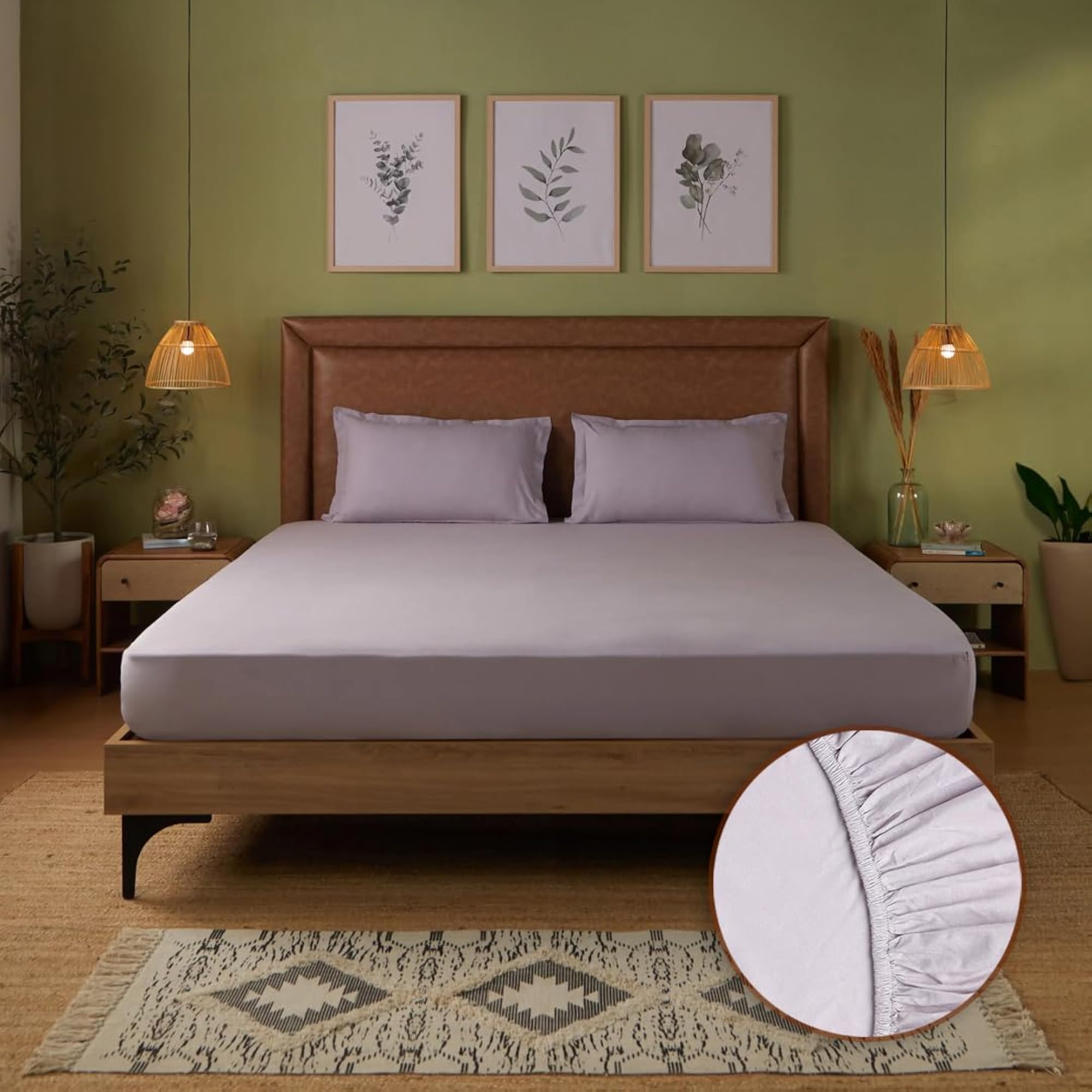 Cotton Queen Size Elastic Fitted Bedsheet with 2 Pillow Covers, 144 TC