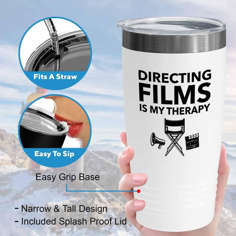Filmmaker White Tumbler 20oz - Directing films is my therapy - Filmmaker Gifts Camera Lens Cut Prop Director Movie Film Scriptwriter