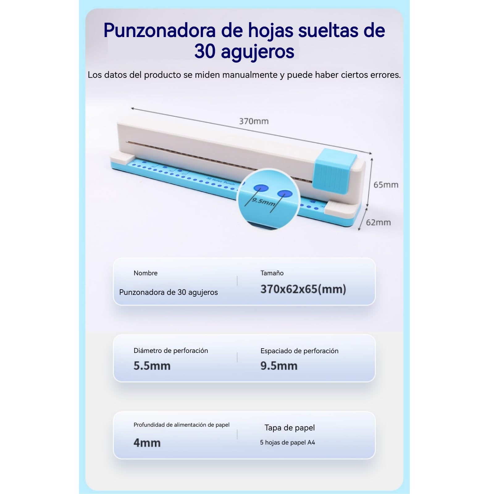 Máquina de perforación de papel profesional de 30 agujeros con capacidad para 5 hojas de perforación de oficina y escuela,Incluye 20 anillas de encuadernación