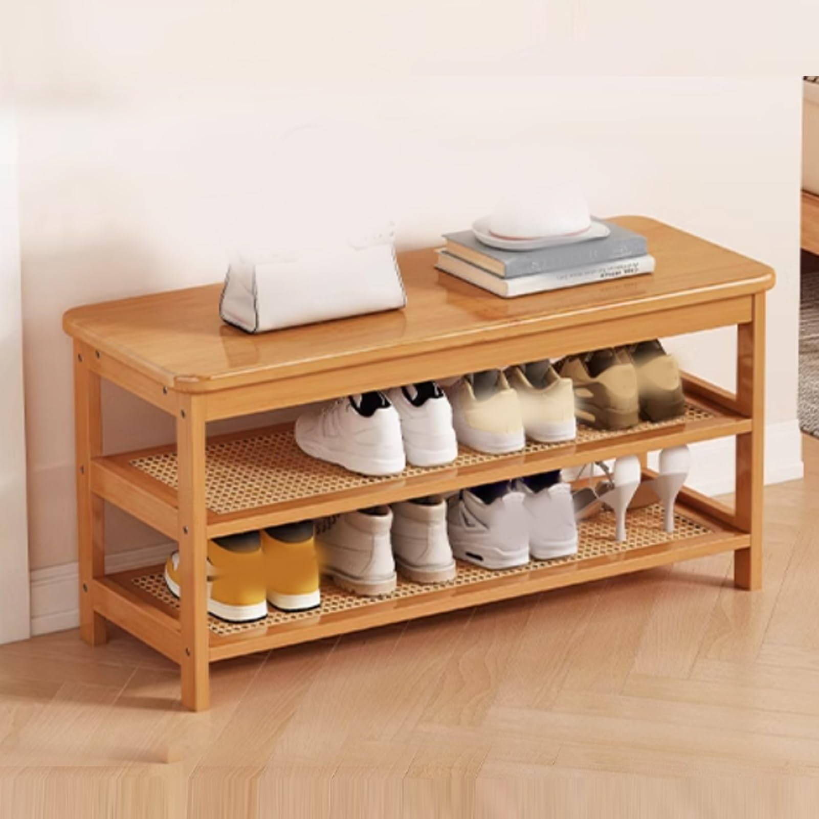 Banc à chaussures en bois noble et double étagère en rotin