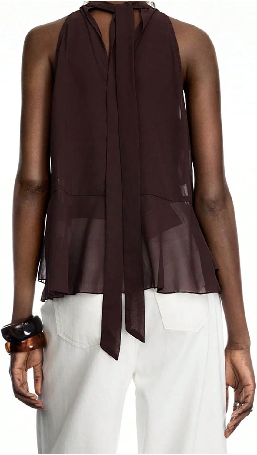 Women's Ruffle Mesh Halter Tops Cut Out Sleeveless Tie Back Tank Top Going Out Outfit - Image 2