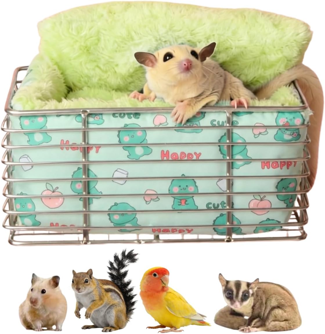 Sugar Glider Cage Platform Accessories Hanging Rat Ledge Stainless Steel Bed with Warm Nest Sugar Glider Hammock Squirrel Cage Bed Small Animal Habitat for Hamster Chinchilla (Green,Small)