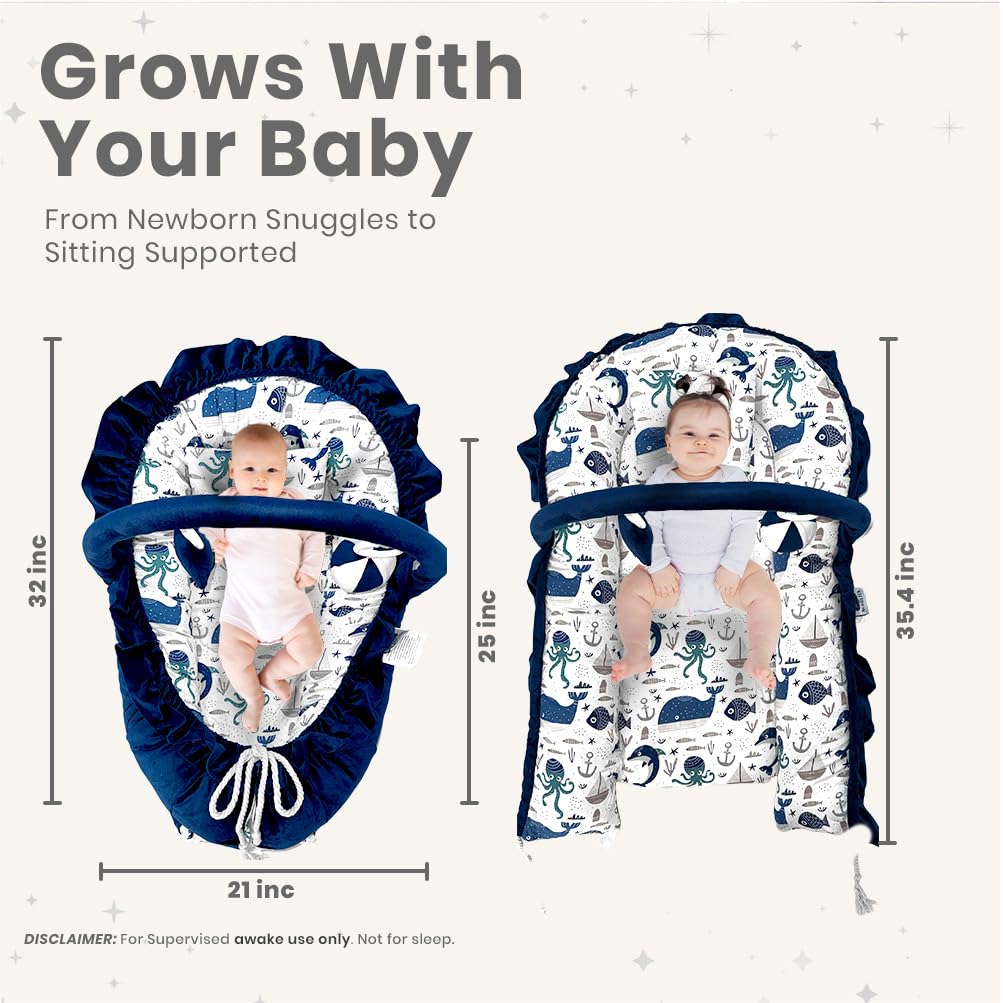 Newborn Lounger Blue - Flexible & Portable w/Infant Support Cushion, Soft & Breathable 100% Cotton - Multi-Use Supervised Baby Lounger for Floor, Travel, Changing Mat Alternative - Premium