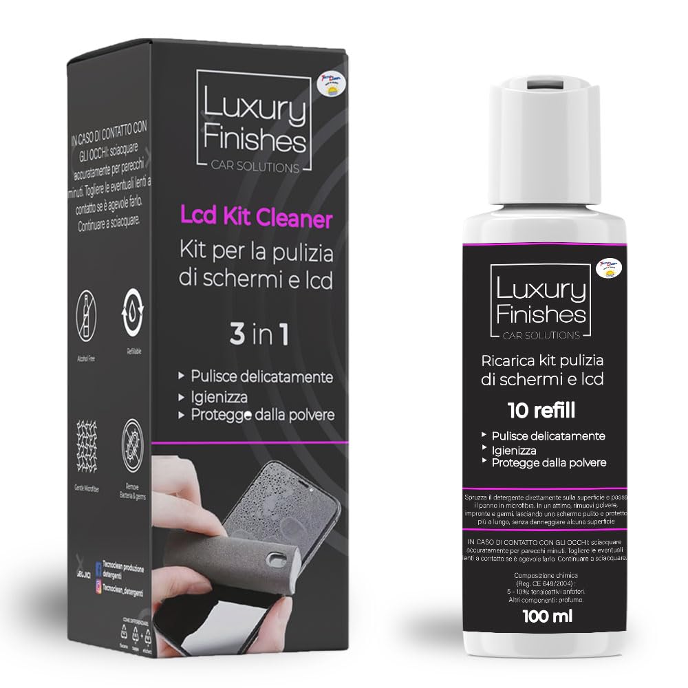 Luxury Finishes - Spray Pulitore Schermo, Auto, Smartphone, LCD, Touch screen, TV, Laptop, Monitor, pc, altri dispositivi elettronici, Igienizza e protegge dalla polvere - con ricarica 100 ml inclusa