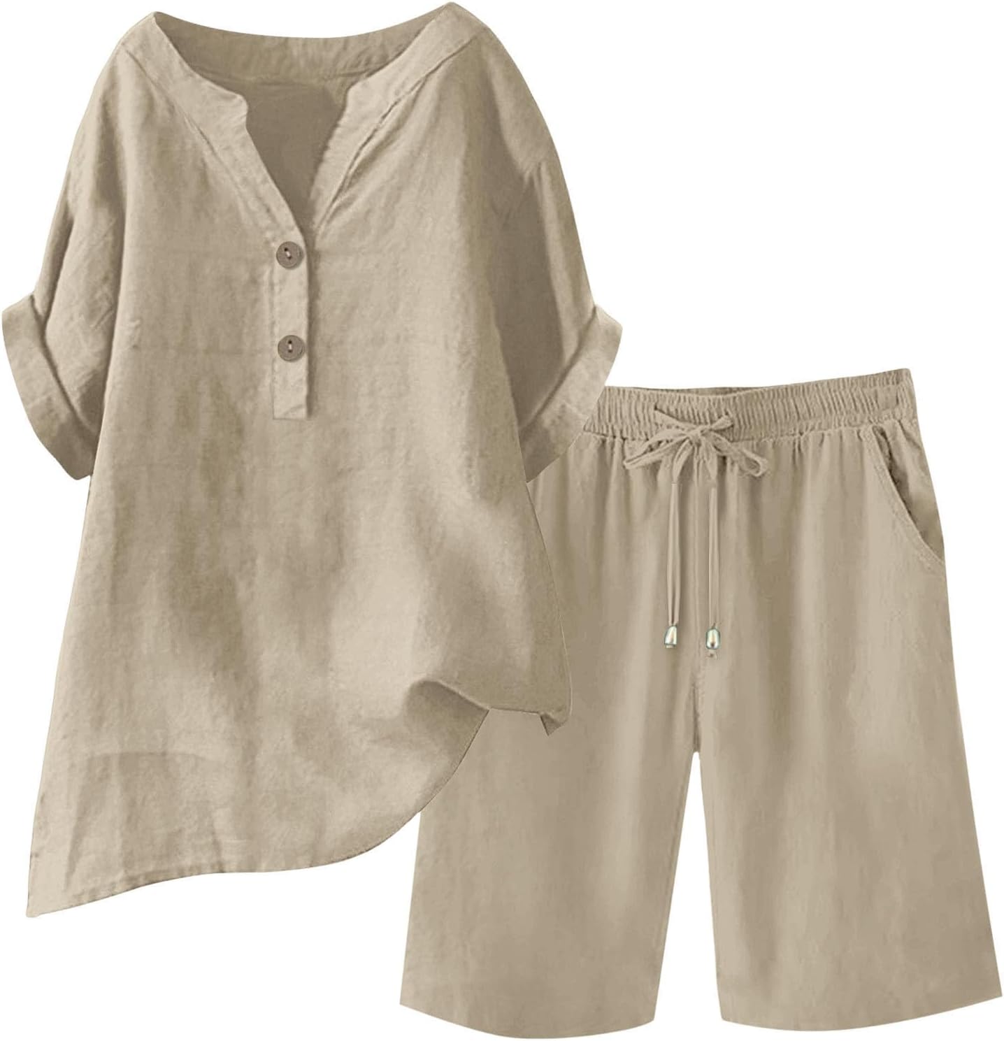 Linen Sets For Women 2 Piece Short Sleeve Shirts & Wide Leg Shorts Loose Fit Casual Cotton Linen Sets Outfits