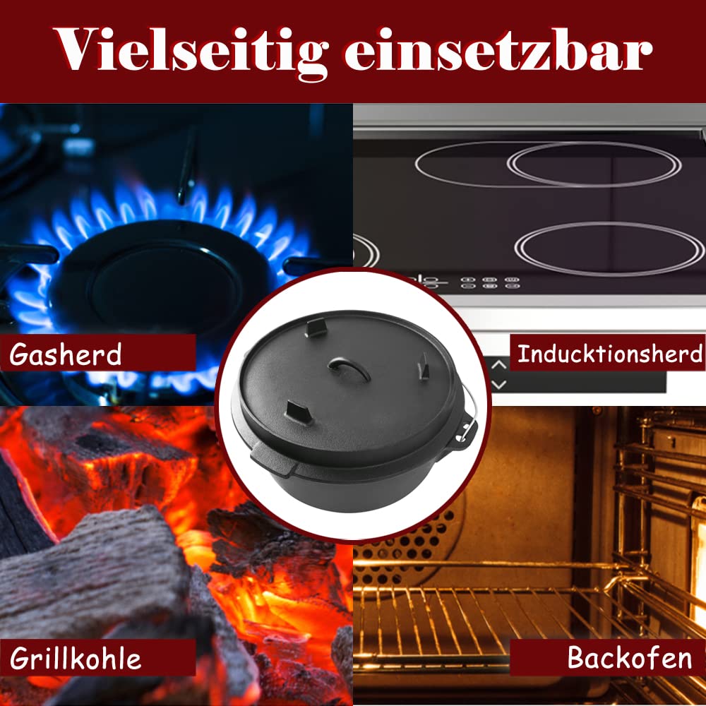 Ensemble Dutch Oven Dans Une Caisse en Bois de 12 Pièces Ensemble de Casseroles en Fonte Comprenant Dutch Oven et de Nombreux Accessoires