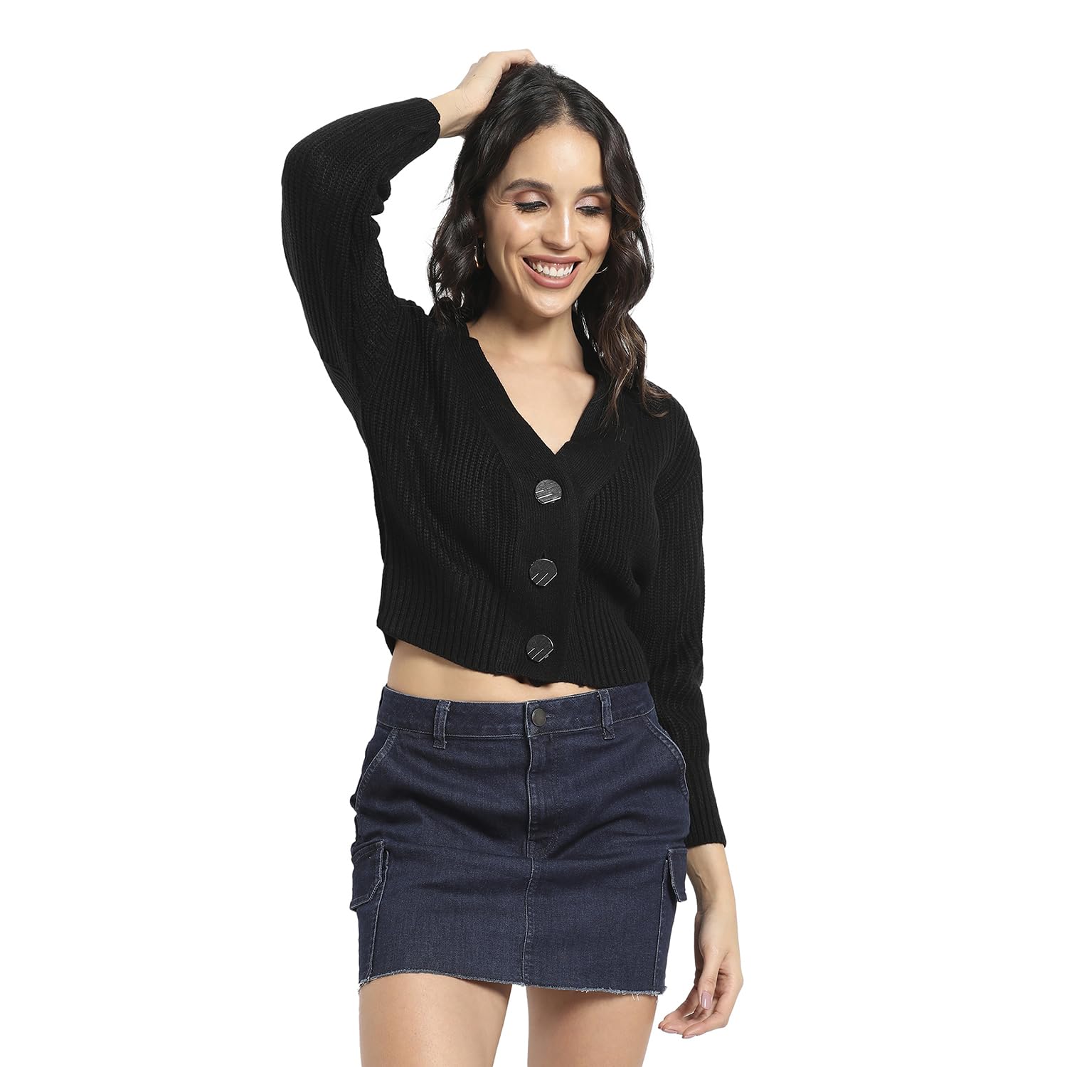 pinacolada Women's Cotton Blend Black Solid Ribbed Cropped Cardigan For Casual Wear|Collared Neck|Long Sleeve|Button Closure|Cotton Sweater Crafted With Comfort Fit For Everyday Wear,X Large-picture-41