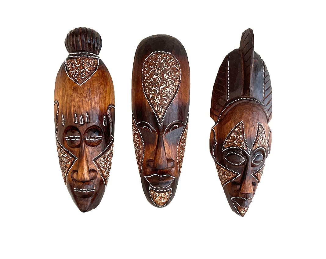 OMA Set of (3) Wooden Hand Crafted African Wall Masks African Wall Art Home Decor Gift Tiki Tribal Wall Decor Sculpture