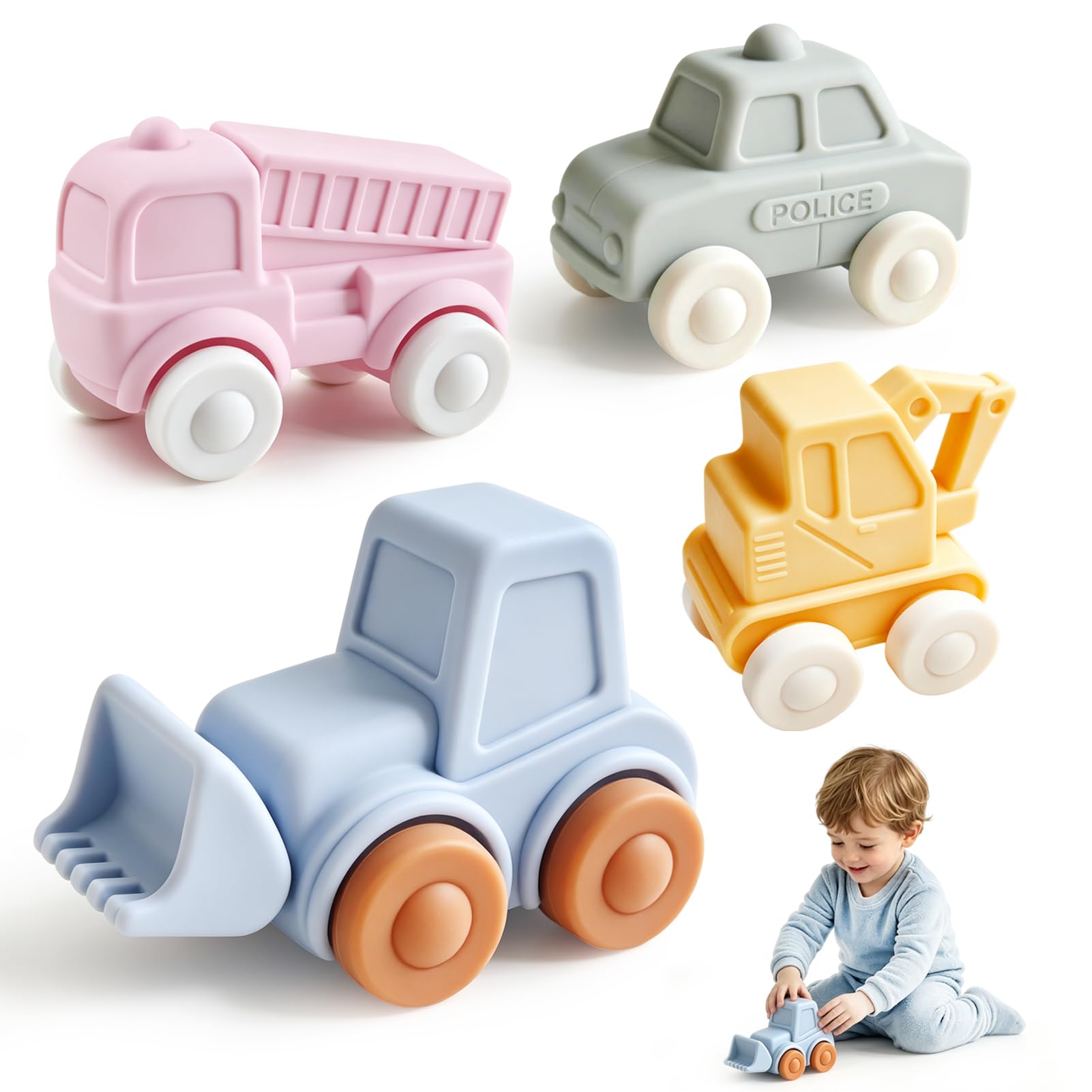 Silicone Toy Cars for Babies 6 Months+, One-Piece Wheels Teething Toy