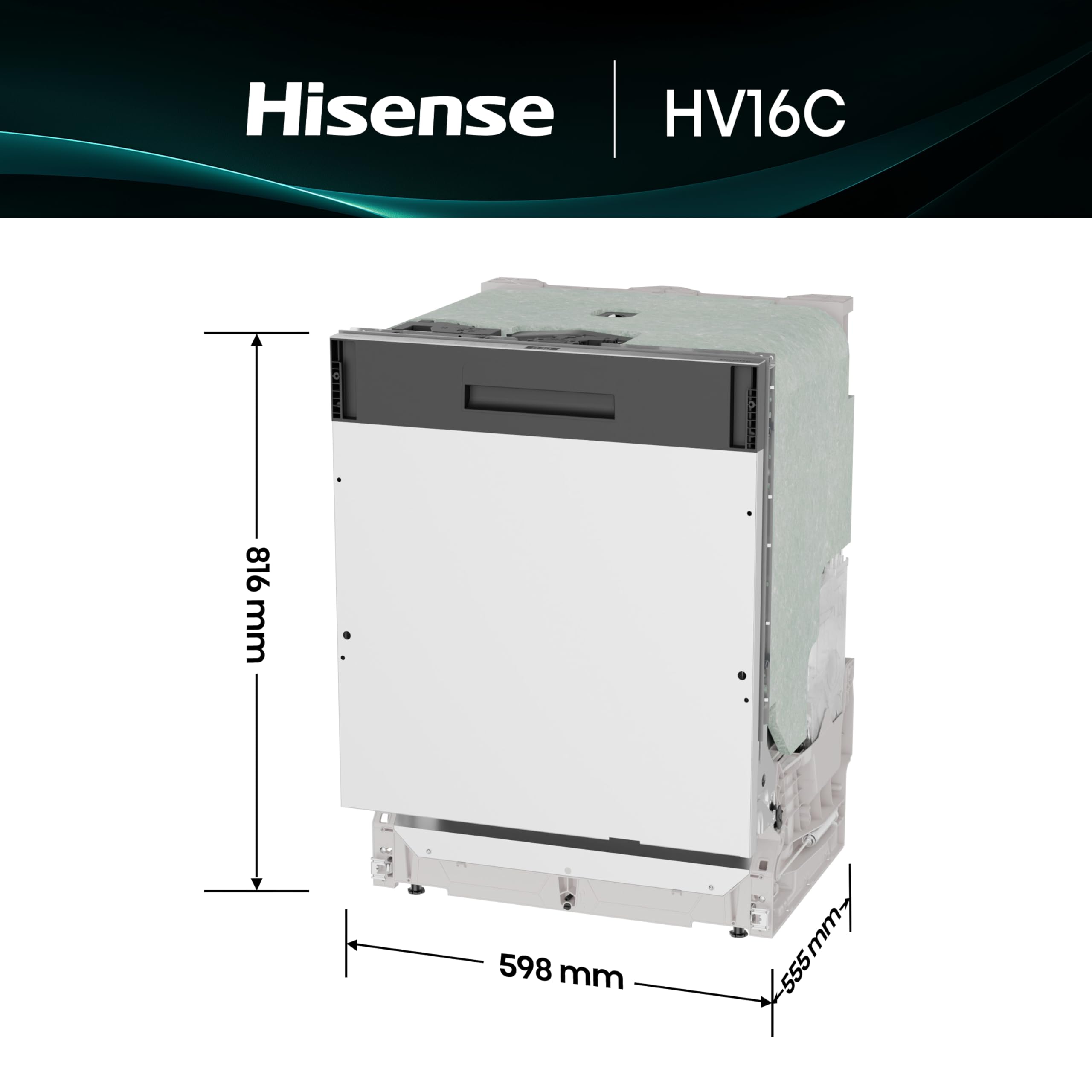 Hisense HV16C - Lavastoviglie Classe C, 16 coperti, terzo cesto, 43db, 6 programmi, partenza ritardata, total dry, incasso