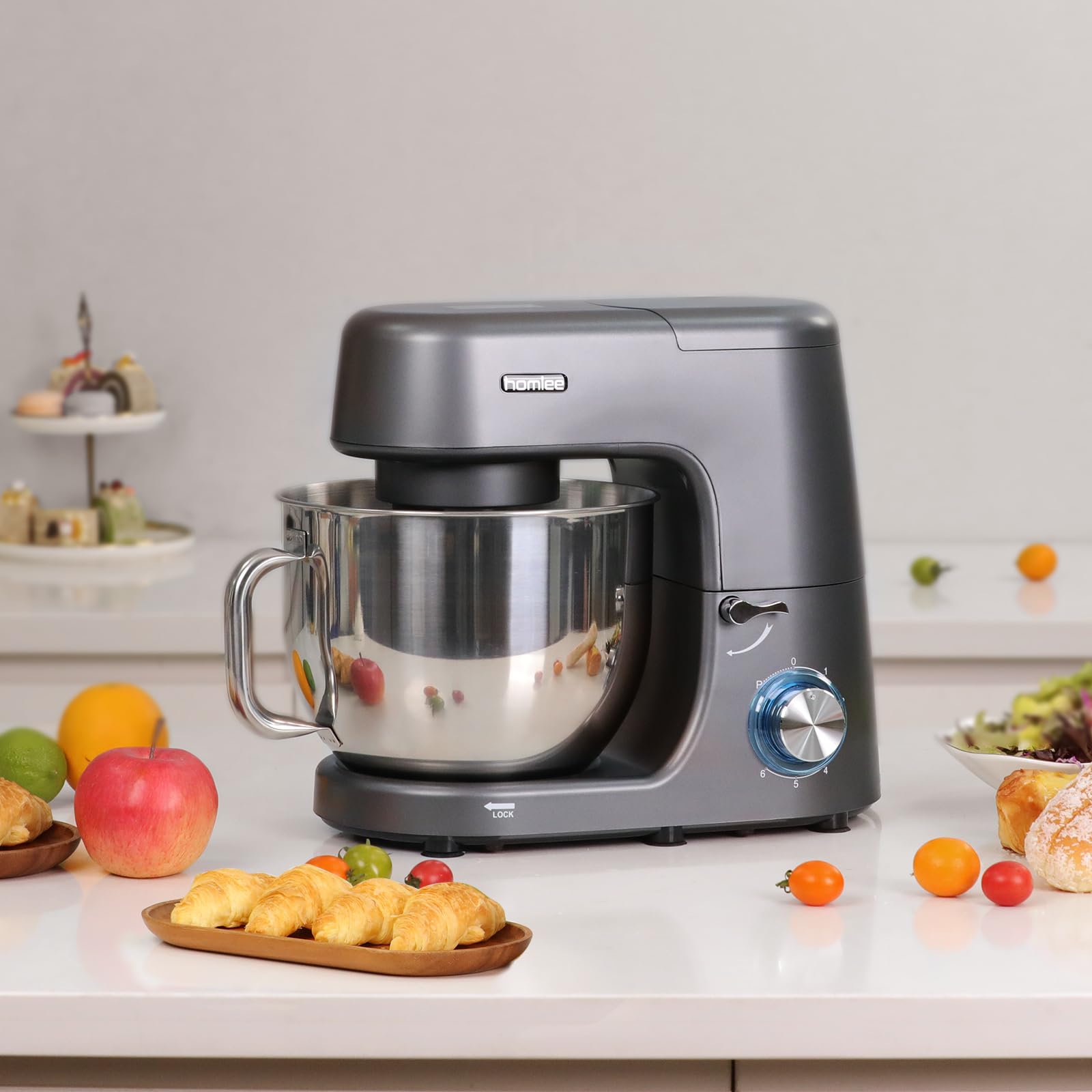 Homlee Impastatrice Planetaria,2000W Planetaria Professionale 7.2L Ciotola in Acciaio Inox da,6 Velocità,con Gancio impastare, Protezione da Spruzzi,Frusta(Grigio)