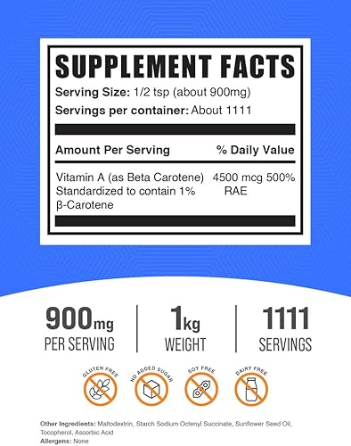Miniatura 10 de BULKSUPPLEMENTS.COM Polvo de betacaroteno, suplementos de betacaroteno, suplementos de vitamina A, vitaminas para la salud ocular, suplemento de