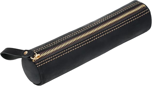 ECHSRT Small Pencil Pouch-Genuine Full-Grain Leather Pencil Case for Men- Vintage Leather Pouch for Adults-Stationery Organizer Bag for Work & Travel-Cylinder-Black
