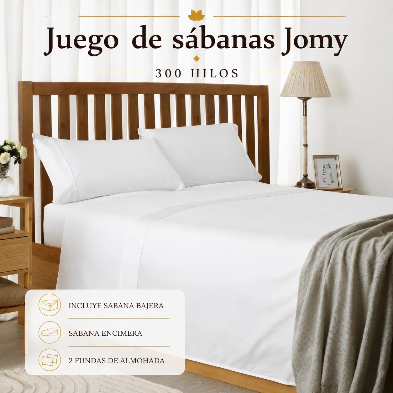 Jomy Juego de sabanas 150 x 190/200 cm Algodon de 300 Hilos Blanco Juego Cama sábana encimera + sábana Bajera Ajustable + 2 Fundas de Almohada 50 x 75 cm 100% Algodon Blanco