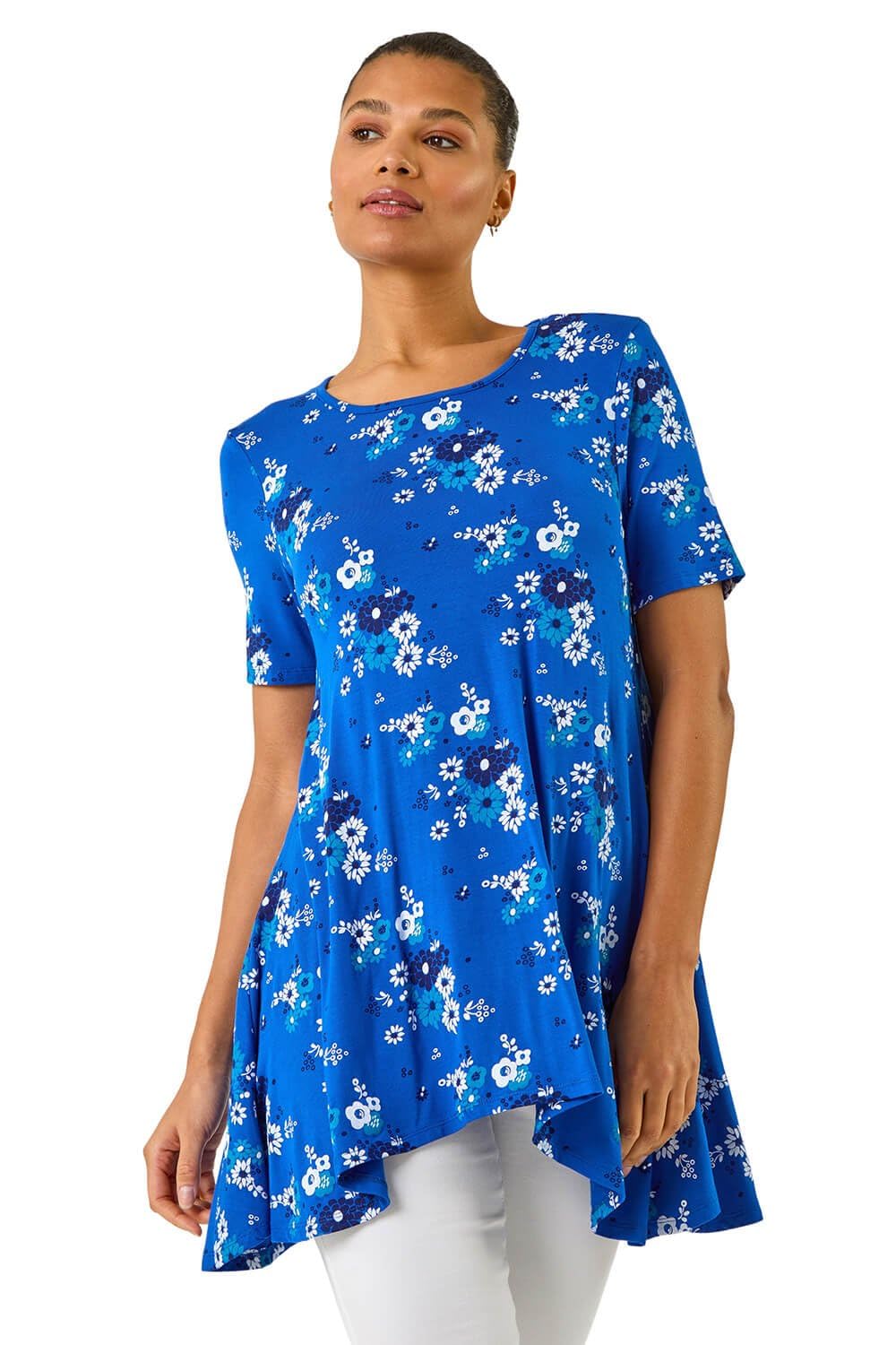 Roman Women's Blue Floral Print Hanky Hem Tunic Top In | Size: 10
