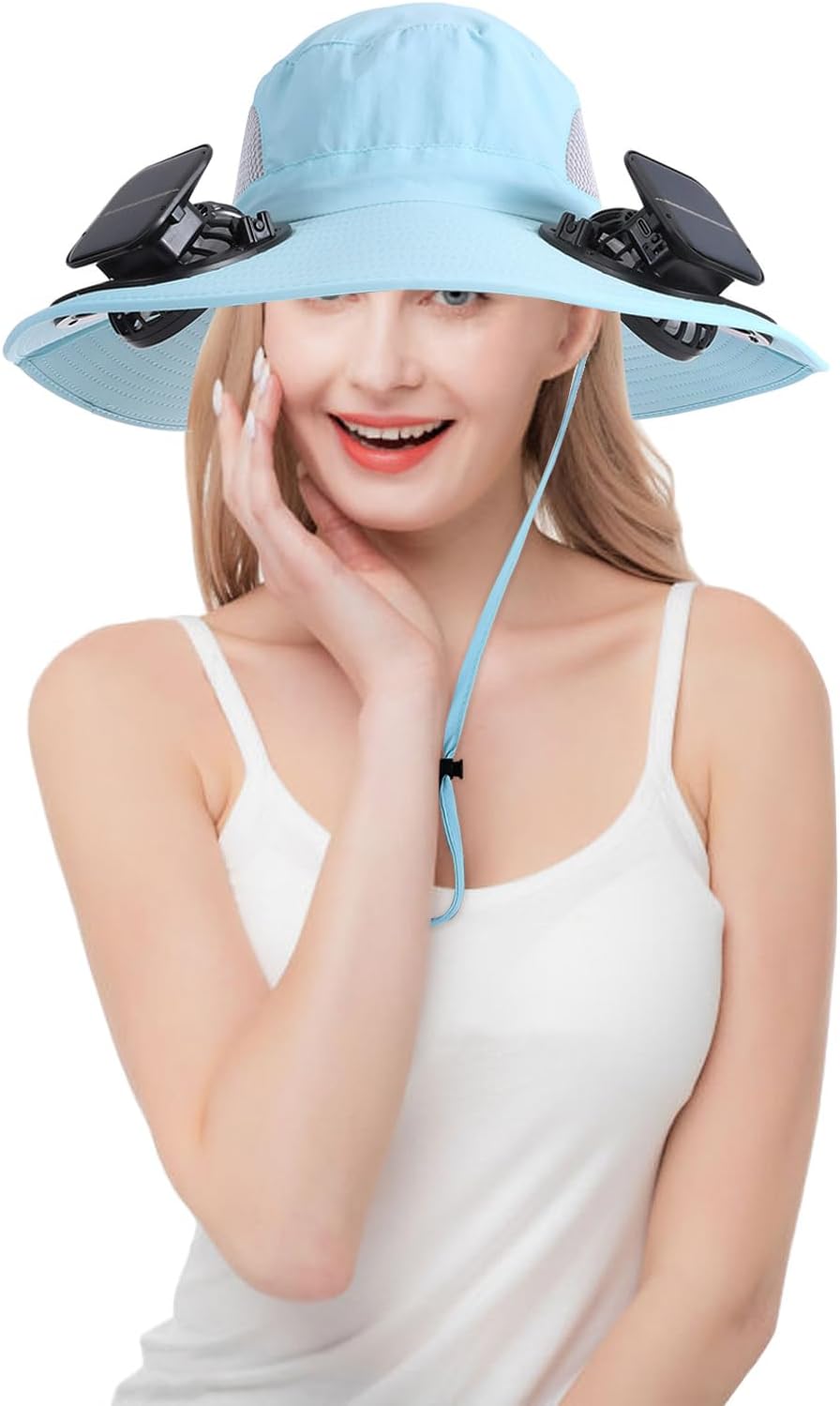 Outdoor Solar Powered Fan Hat for Men Women Breathable Wide Brim Hat with 2 Fans UPF 50+ Fishing Hat Beach Bucket Sun Hat