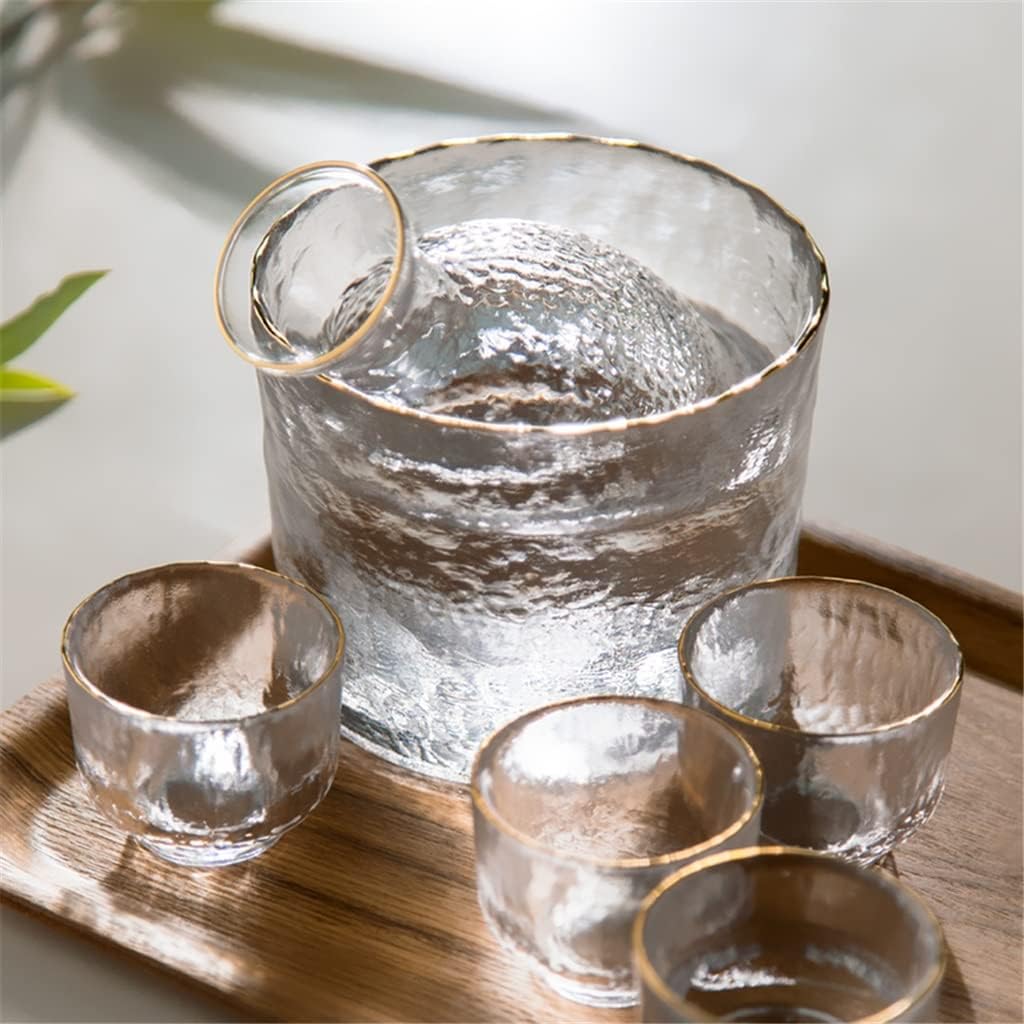Japanese Sake Set Hammer Pattern Glass Gold Rimmed Cup Wine Warmer Cup Tequila Pot Whisky Cup Wine Set (Color : Clear, Size : 1 Set) (Clear 1 Set)